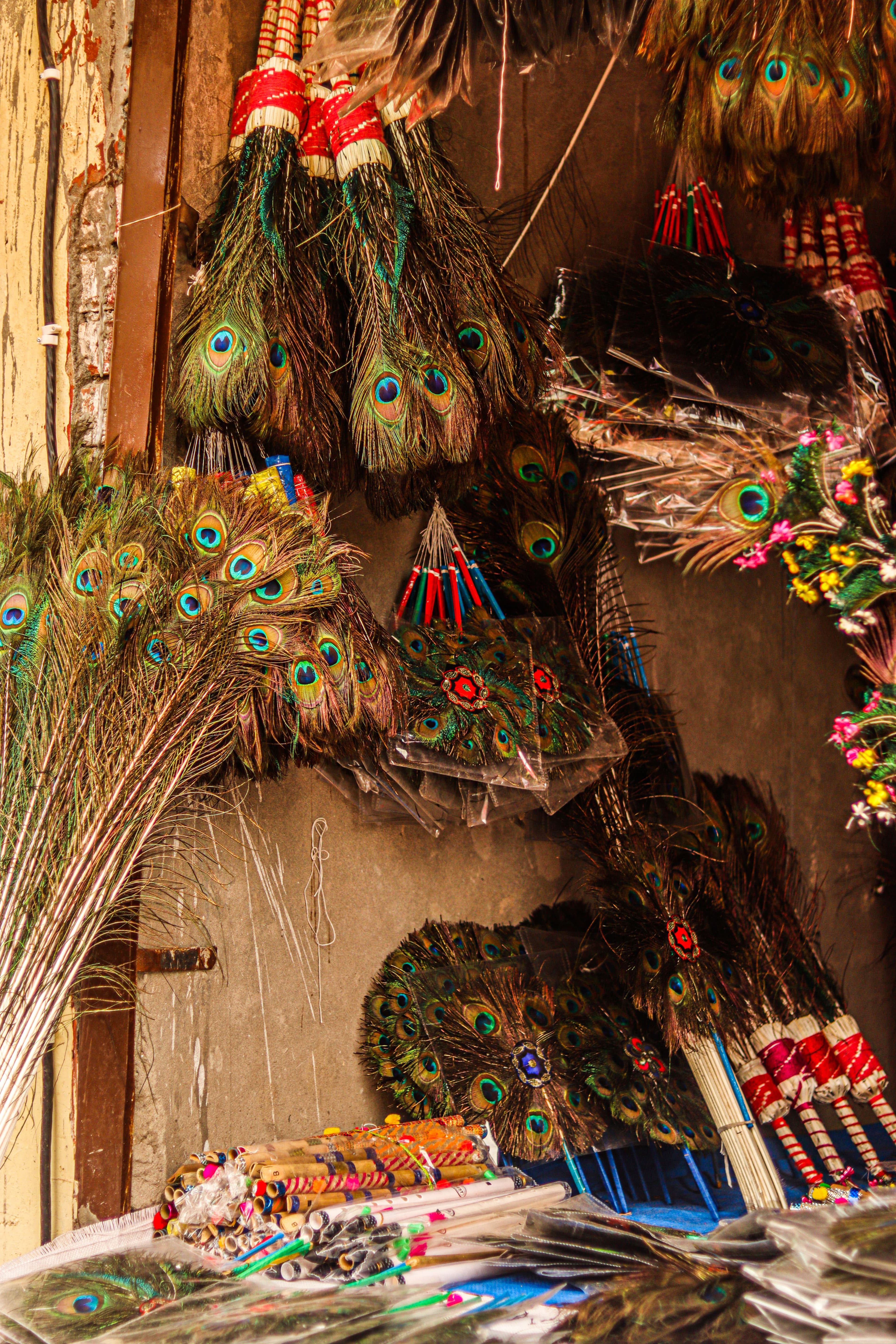 Bundles of peacock feathers hanging in a Vrindavan market stall