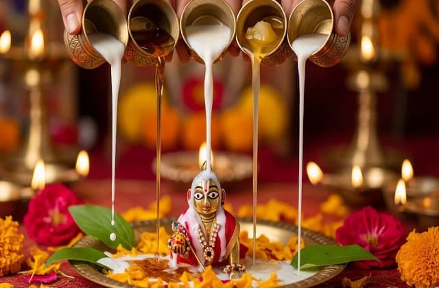 Five hands pouring milk together over the deity during the abhishek, marigolds and lamps around the base
